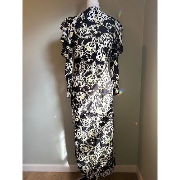 TOP SHOP Black White Gold Chain Print Wrap Maxi Dress Puff Sleeve hearts stars 4 - Picture 4 of 5